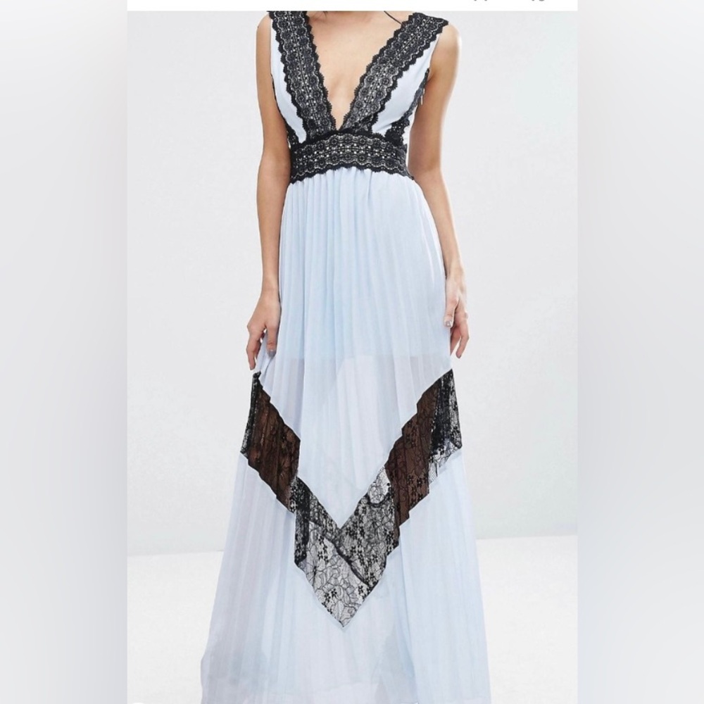 True Decadence/ASOS Baby Blue with Black Lace Maxi Dress NWT